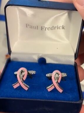 Pink Ribbon Enamel Cufflinks with Silver-Tone Accents